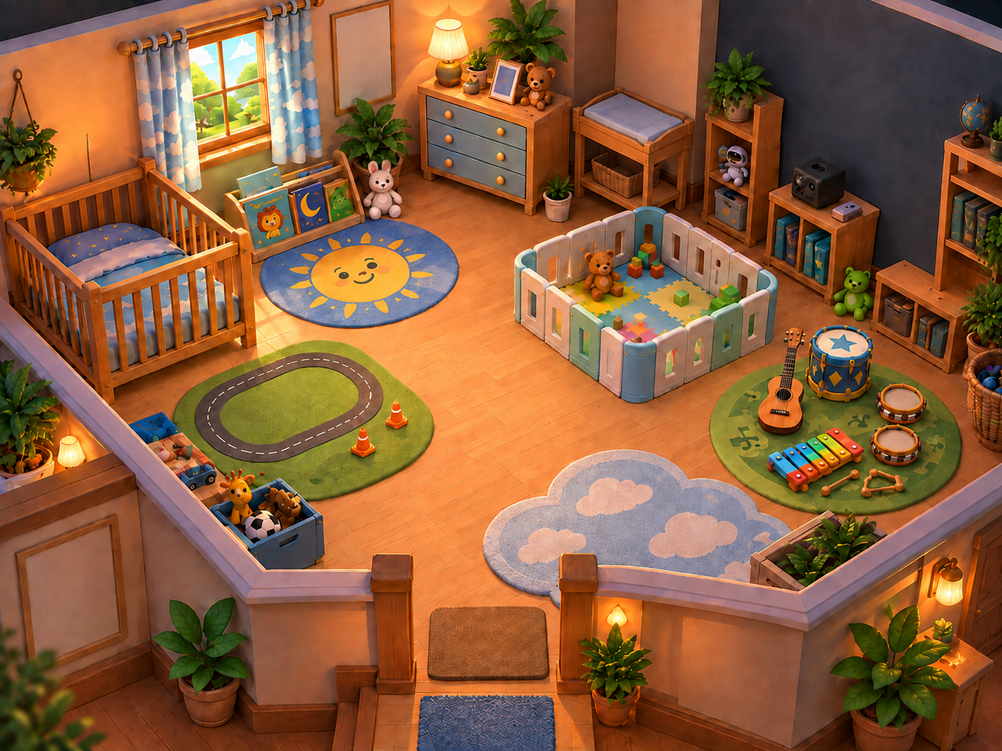 Original warm illustrated room with books, musical toys and space to explore